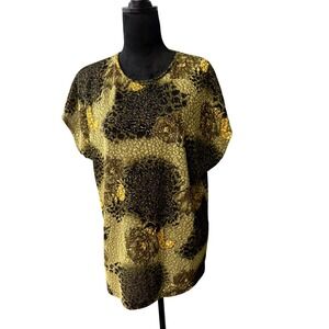 TanJay Womens 1X Tunic Top Olive Green Gold Leopard Floral Metallic Short Sleeve